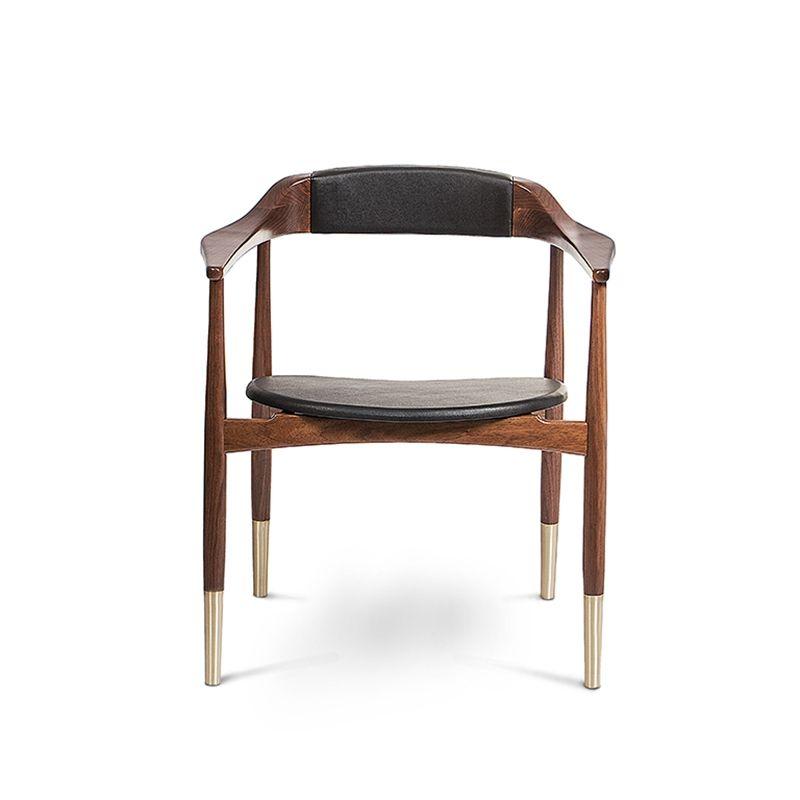 Essential Home Silla Nogal Sólido / Cuero Negro / Latón Cepillado Perry Terentti